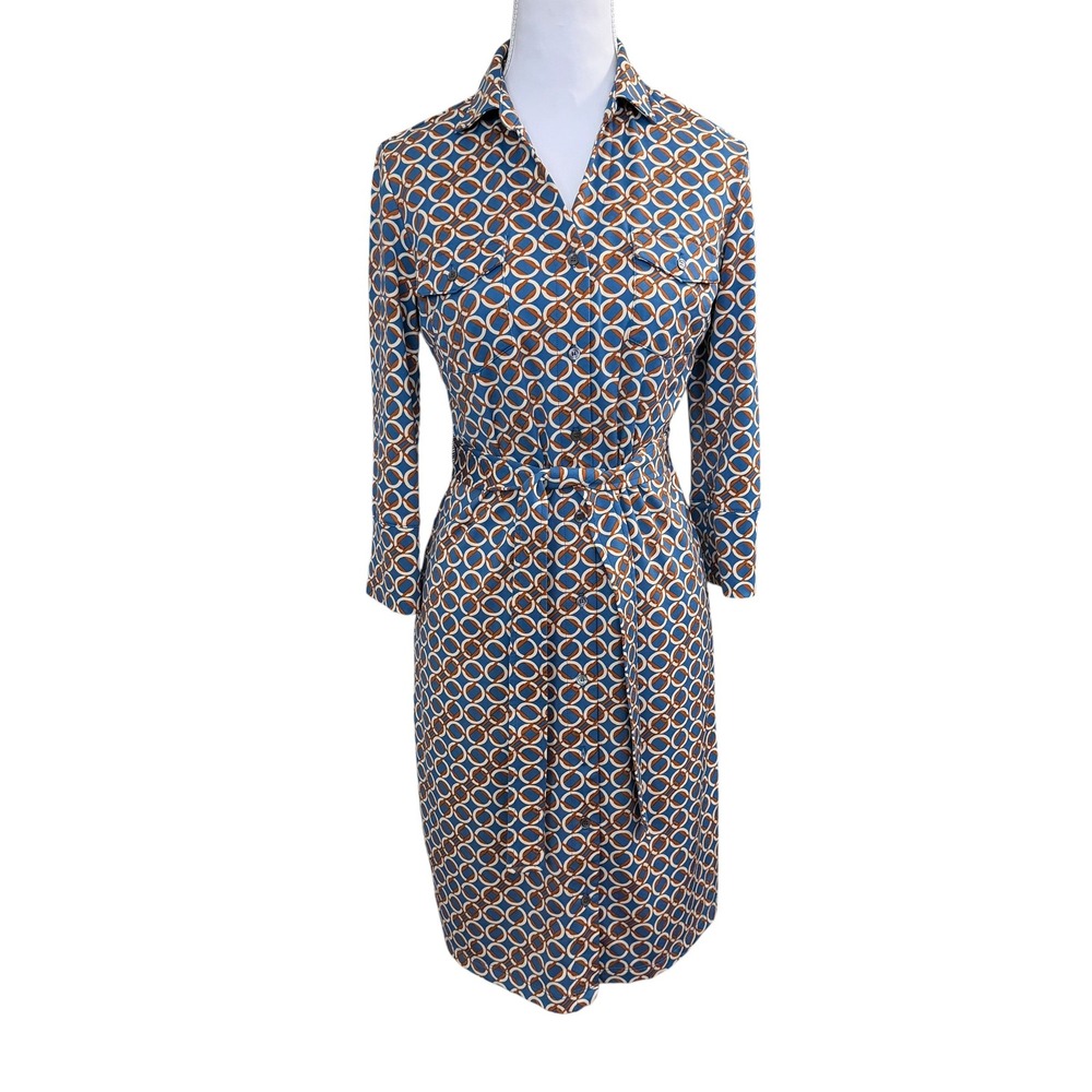 J.McLaughlin Brynn Catalina Cloth Shirt Dress XS Blue Brown Geo Preppy Coastal
